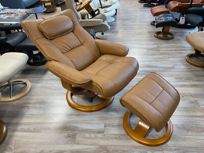 Fjords Regent Large Recliner Chair and Ottoman Vintage Cognac Astro Line Leather