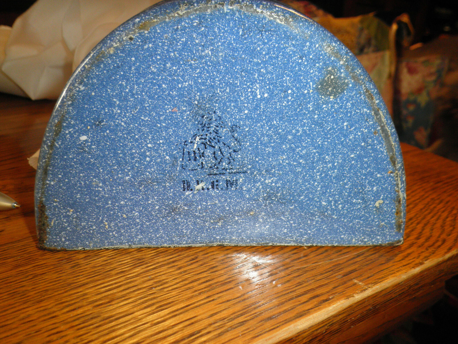 Blue relish graniteware salt box enamelware