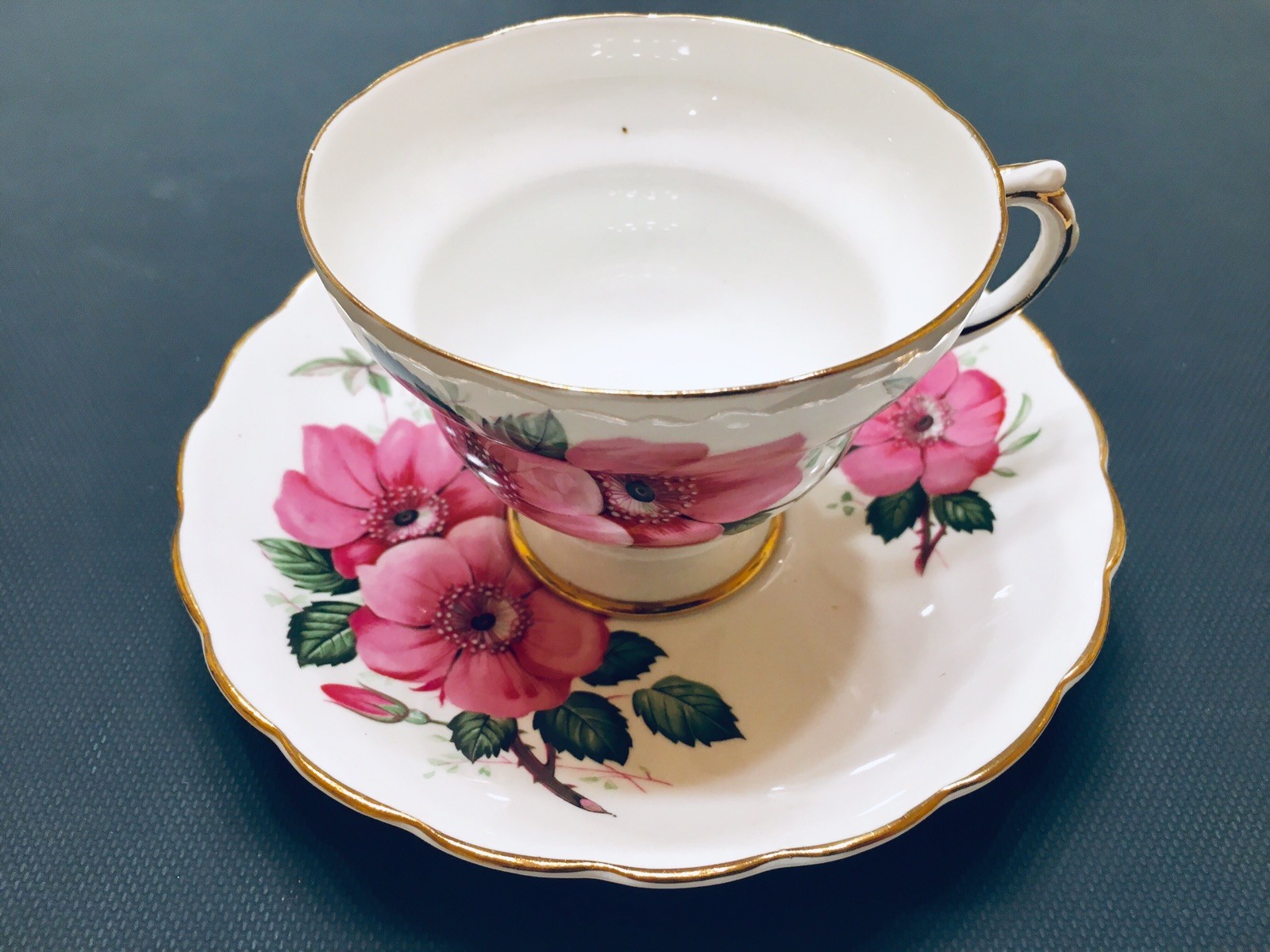 VTG Rosina PINK English Roses Gilded Fine Bone China Footed Teacup Saucer