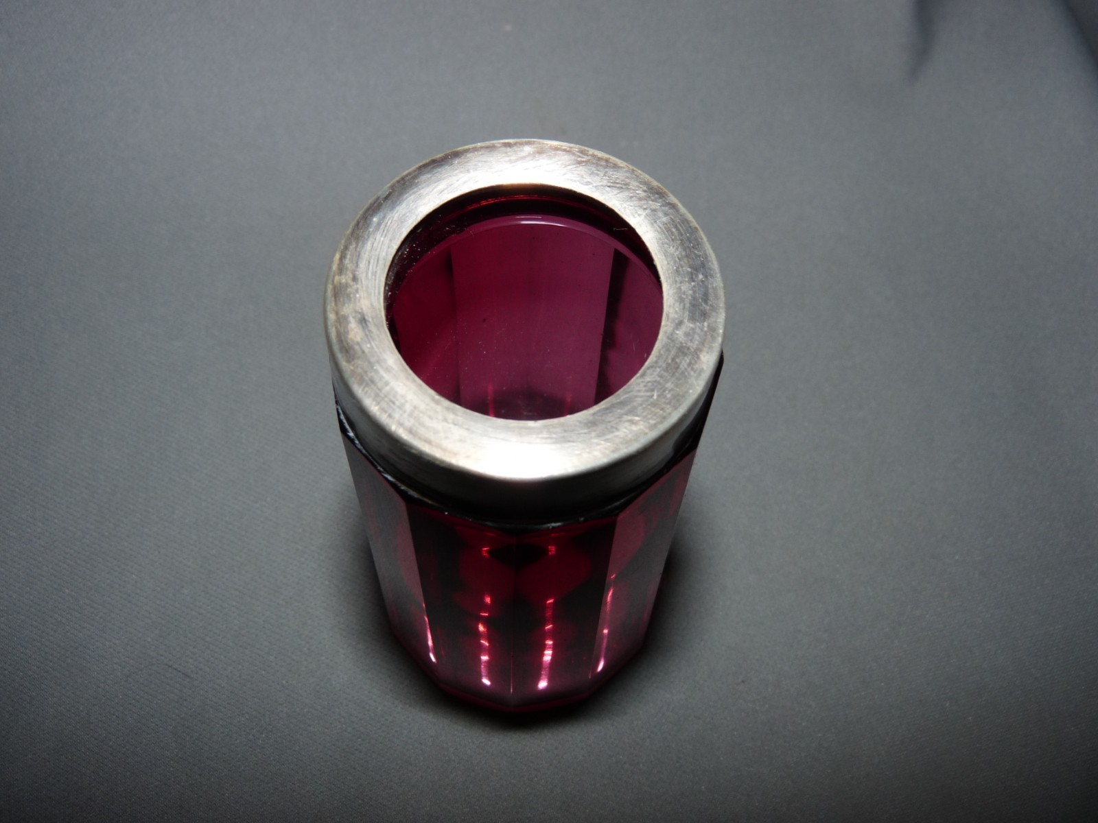 Cranberry Glass Sugar Shaker Silver Lid Panel Pattern Antique