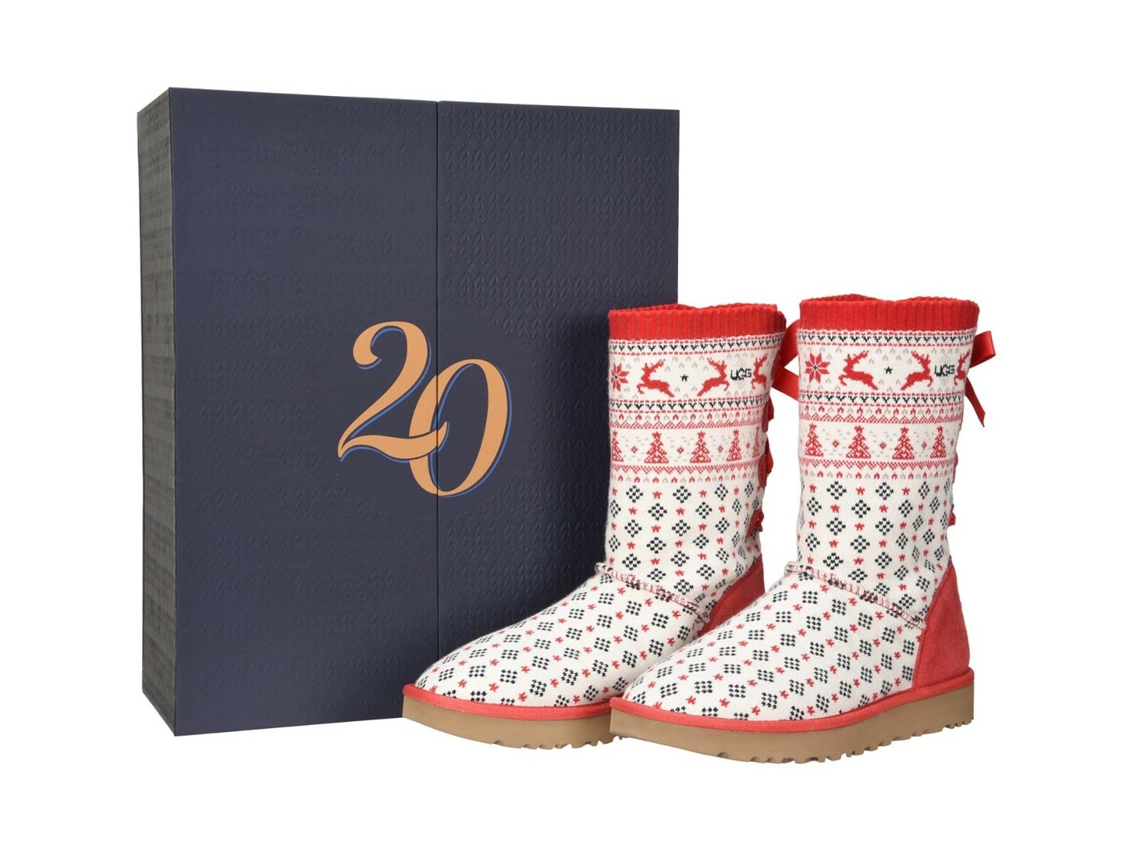 Pre-owned Ugg Christmas Year Holiday Sweater Flat Knit Boots Ribbon Red 6, 7, 8, 9, 11