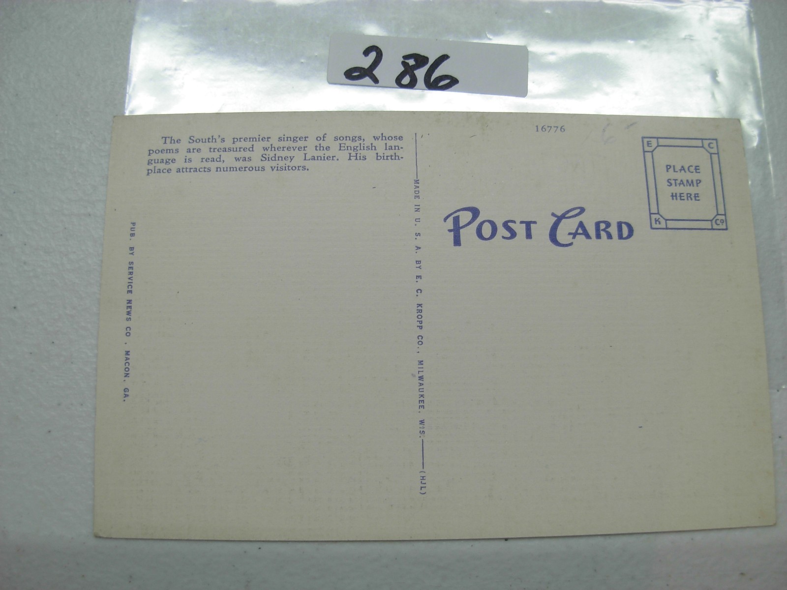 POSTCARD GEORGIA,MACON,BIRTHPLACE OF SIDNEY LANIER GEORGIA'S POET#286