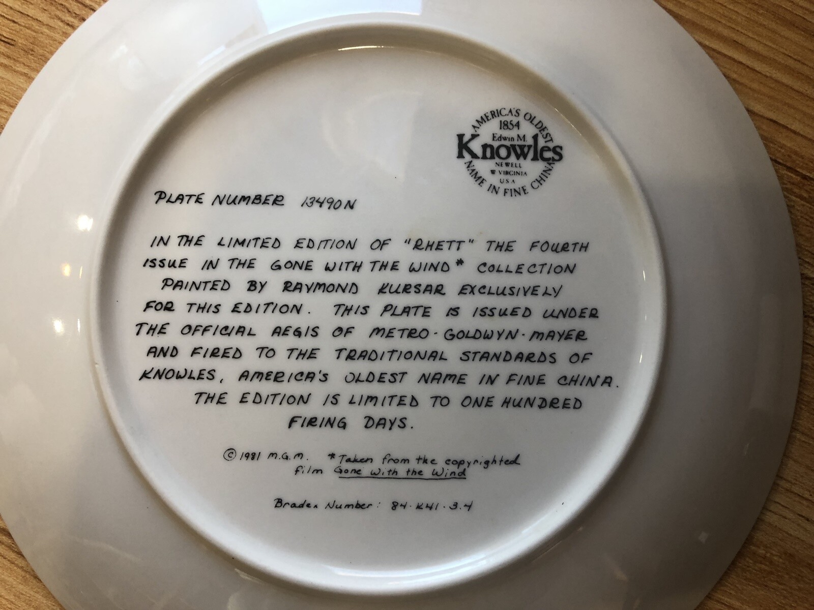 Gone With The Wind Collector Plate 1981 Knowles RHETT