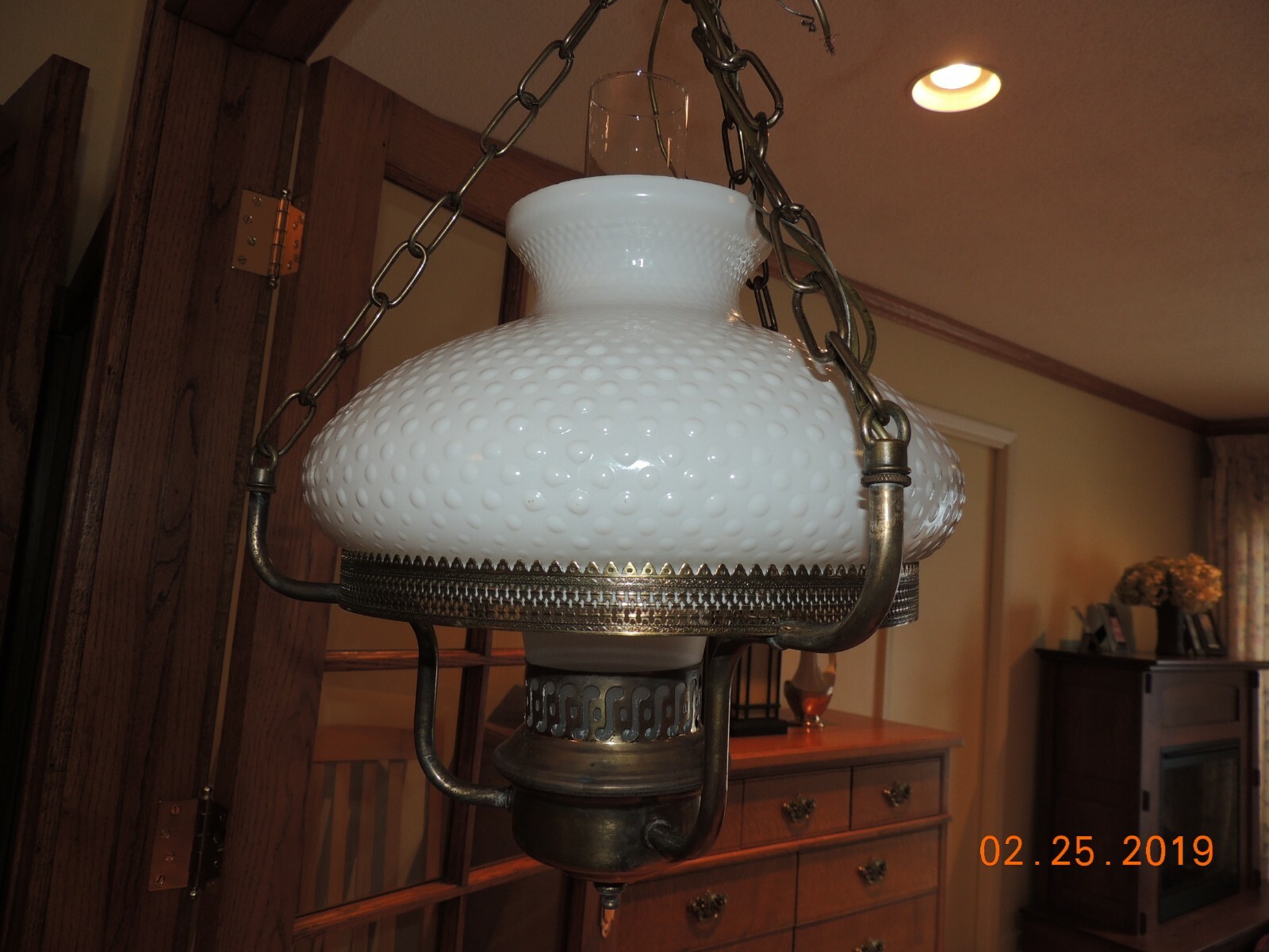 Vintage Ceiling Hanging Lamp - Large White Hobnail Glove w Metal Trim