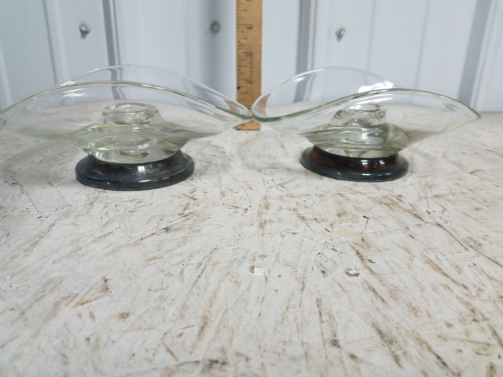 Vintage Glass Matching Candle Stick Holders Set of 2 With  Silver base