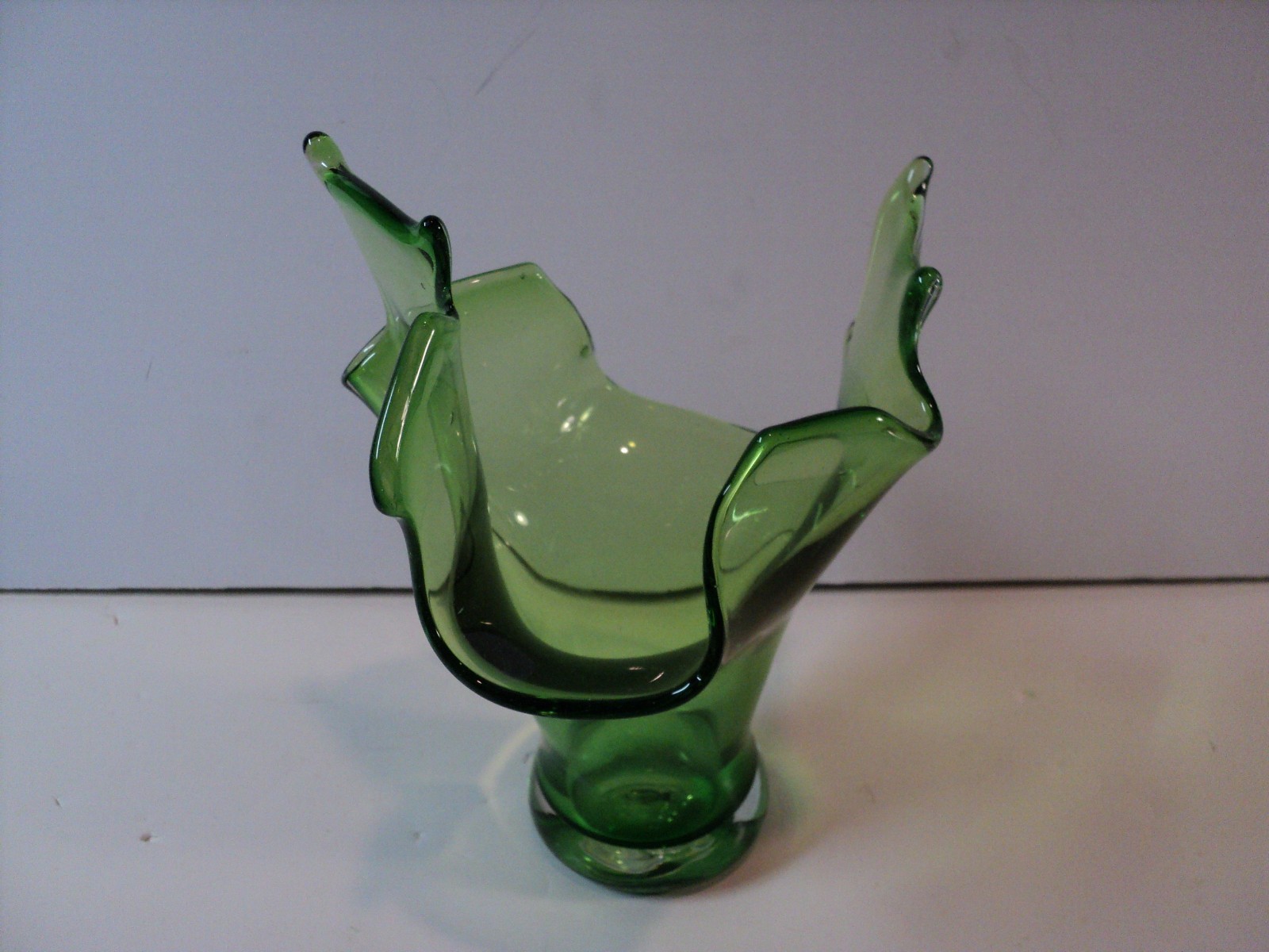Vintage Hand Blown, Free Form Green Glass Vase, Handkerchief Style