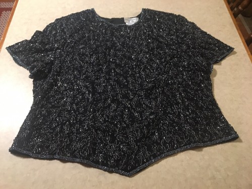 Vtg Papell Boutique Evening Size 3X Women's Top Black Beaded 100% Silk Holiday