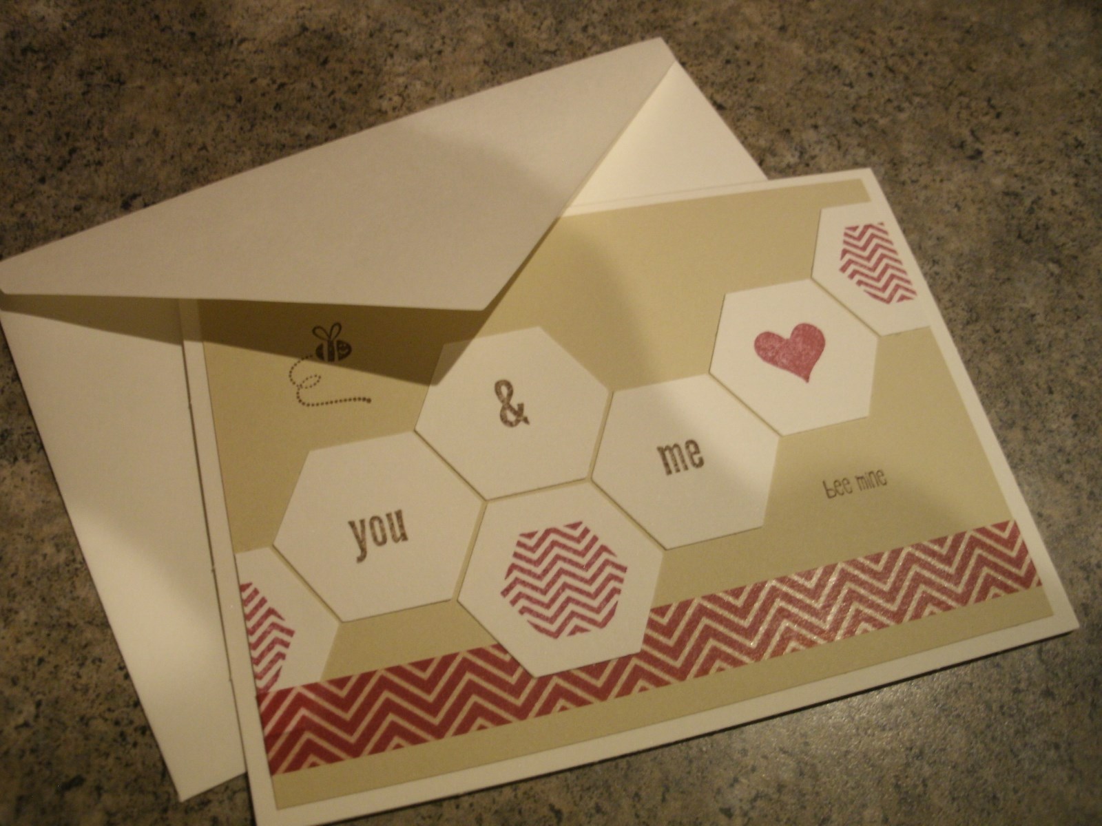 Valentine's Day Handmade Card & Envelope Bee mine, bee, you & me, hearts