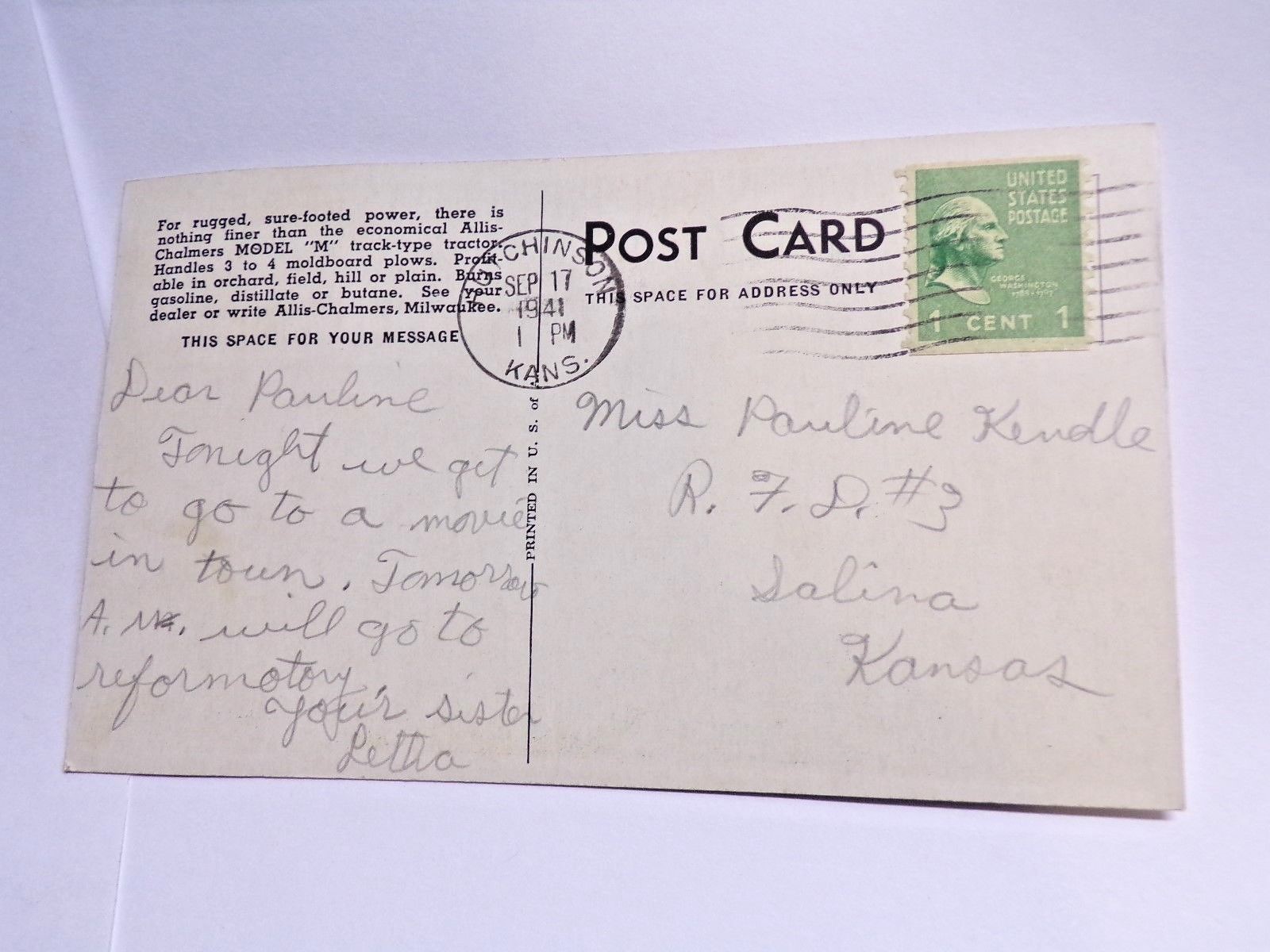 1941 Postcard Allis Chalmers Model M Track Type Tractor