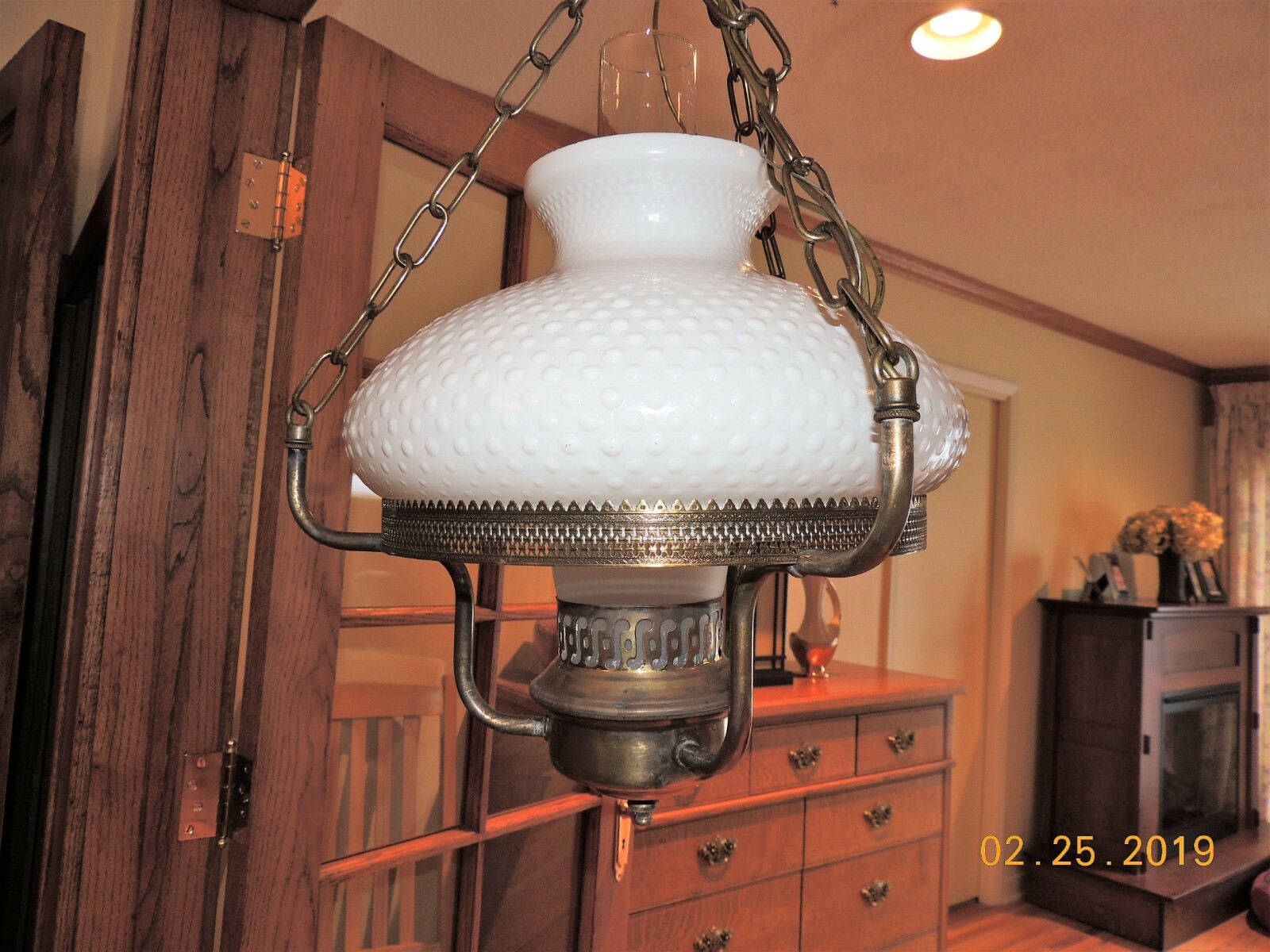 Vintage Ceiling Hanging Lamp - Large White Hobnail Glove w Metal Trim