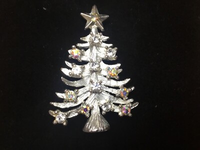 Vintage Eisenberg Ice Silver Tone Christmas Tree Brooch with AB Rhinestones