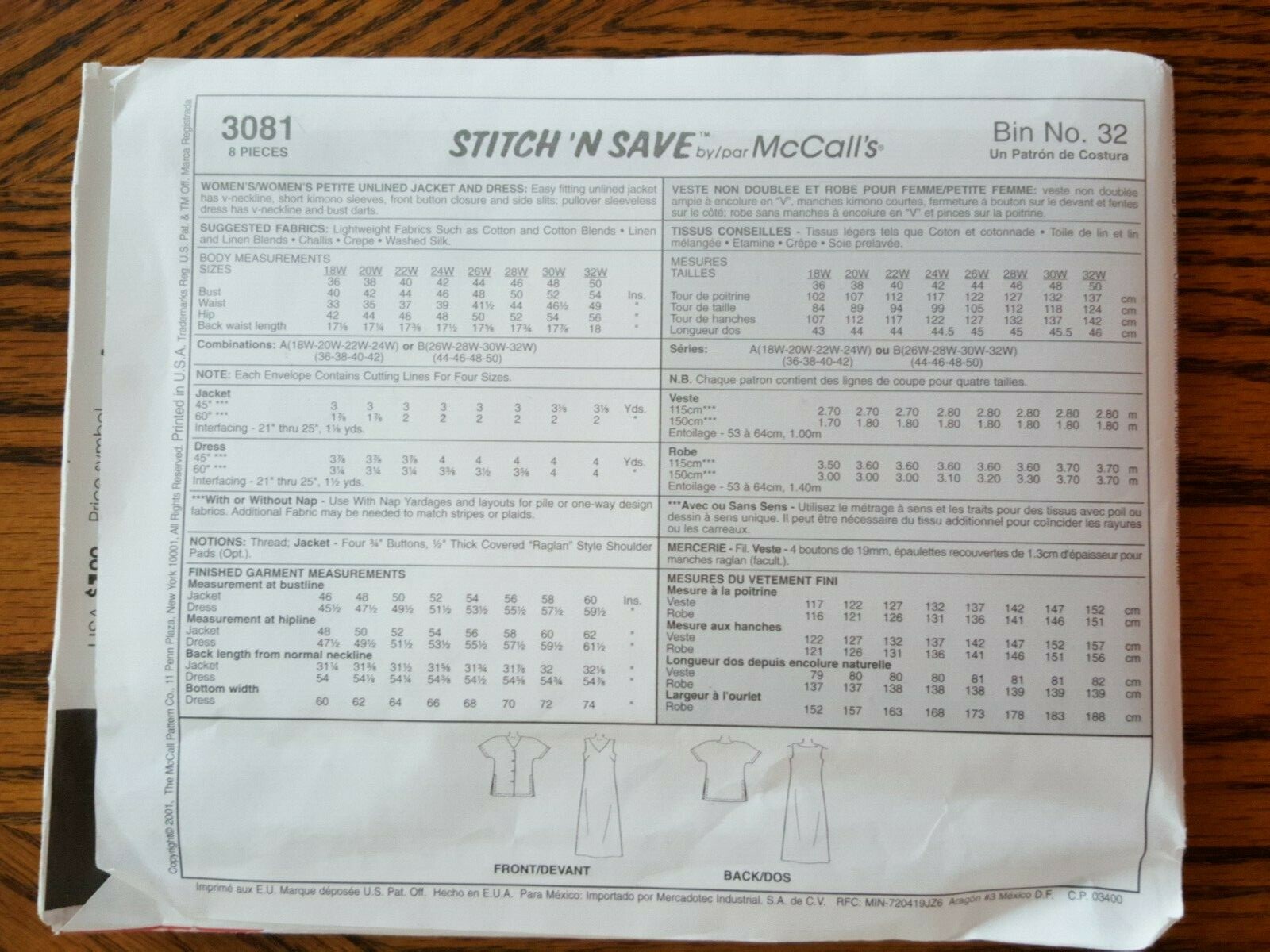 VINTAGE UNOPENED McCALLS PATTERN WOMENS/PETITE JACKET/DRESS  S 18W TO 24W # 3081