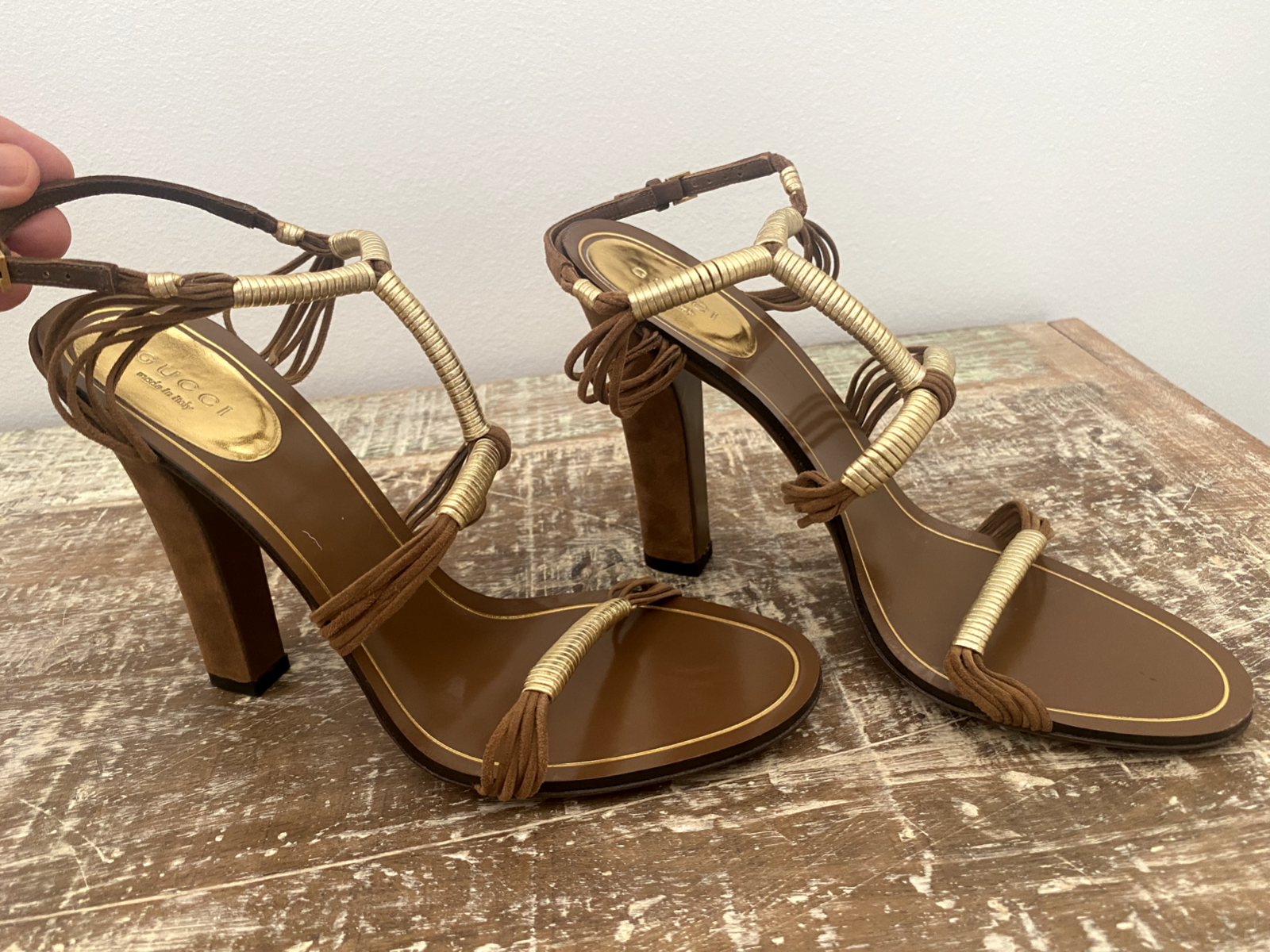 GUCCI Brown & Gold Sudden High Heel Sandals Shoes 38.1/2 | eBay