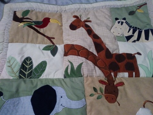 Kidsline Zanzibar Appliqued Jungle Animal Green Brown Blue Baby Boy Quilt EUC