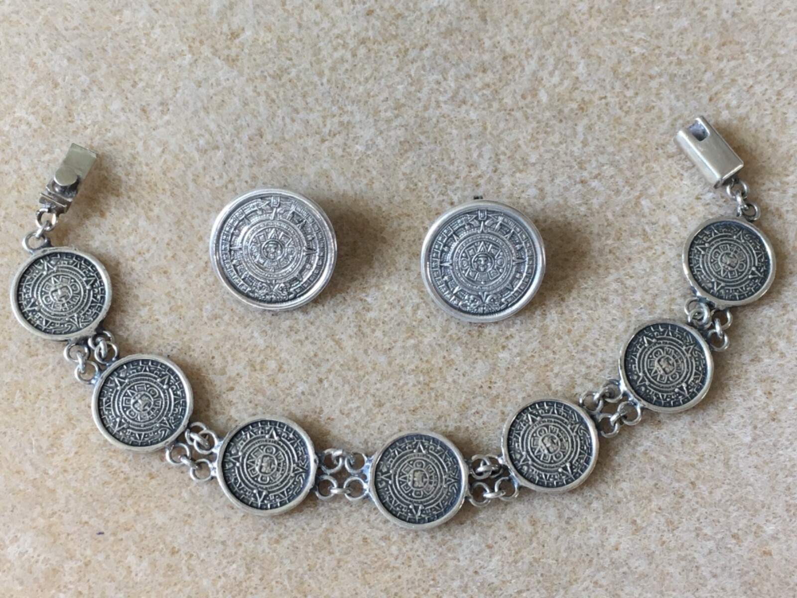 Large Sterling Silver Aztec Calendar Earrings Bracelet Set 925 Mexico