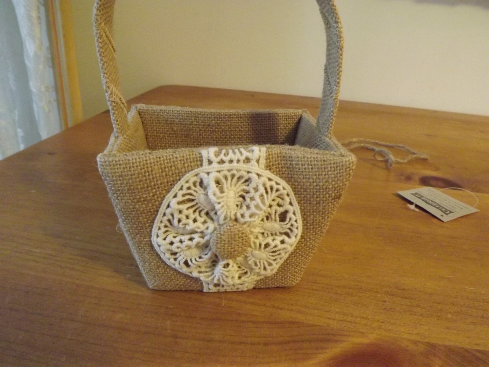 new burlap FLOWER GIRL BASKET LINED NEW IN PACKAGE
