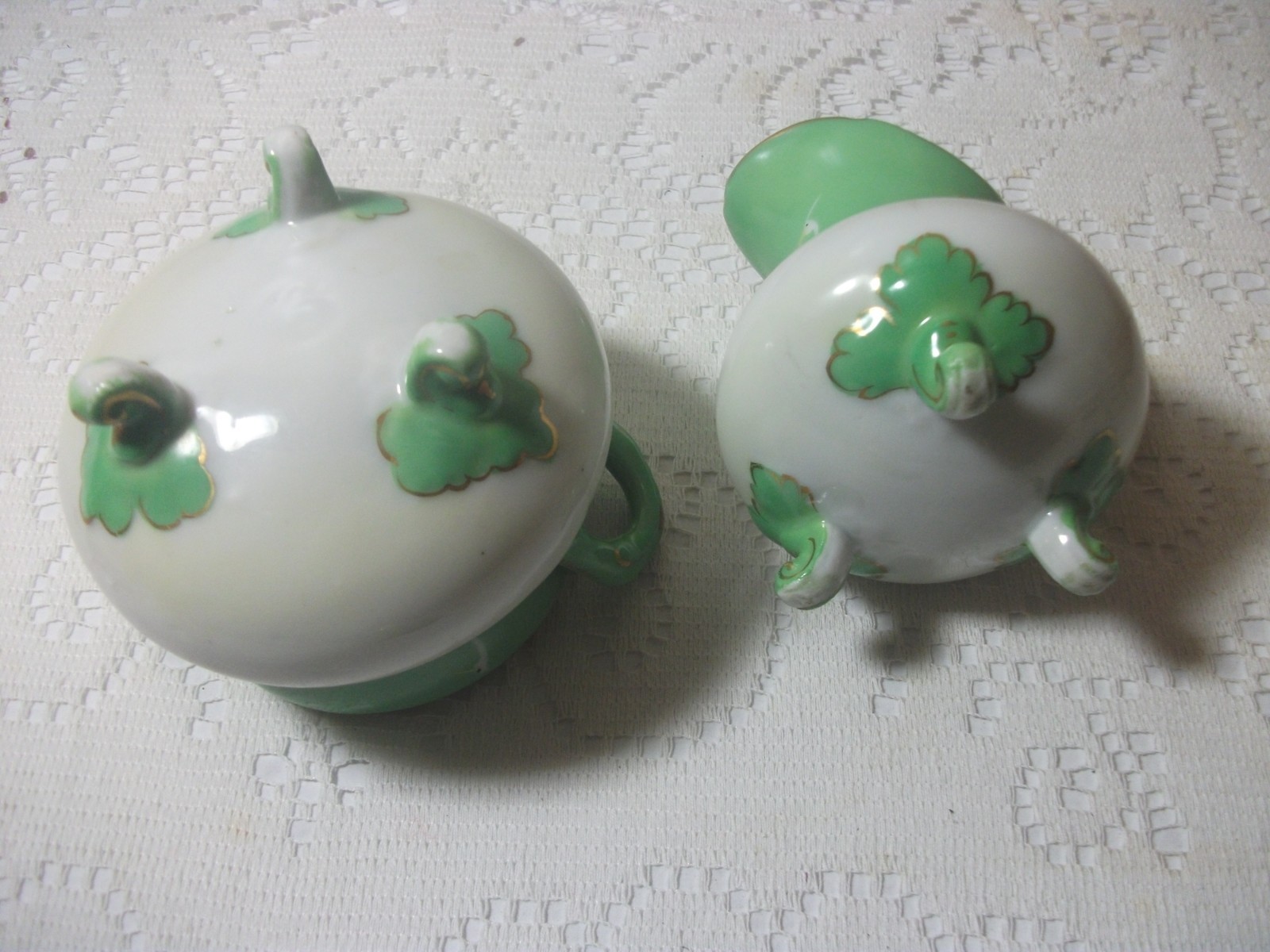 Antique - Vintage Sugar & Creamer Green & White Bird Design