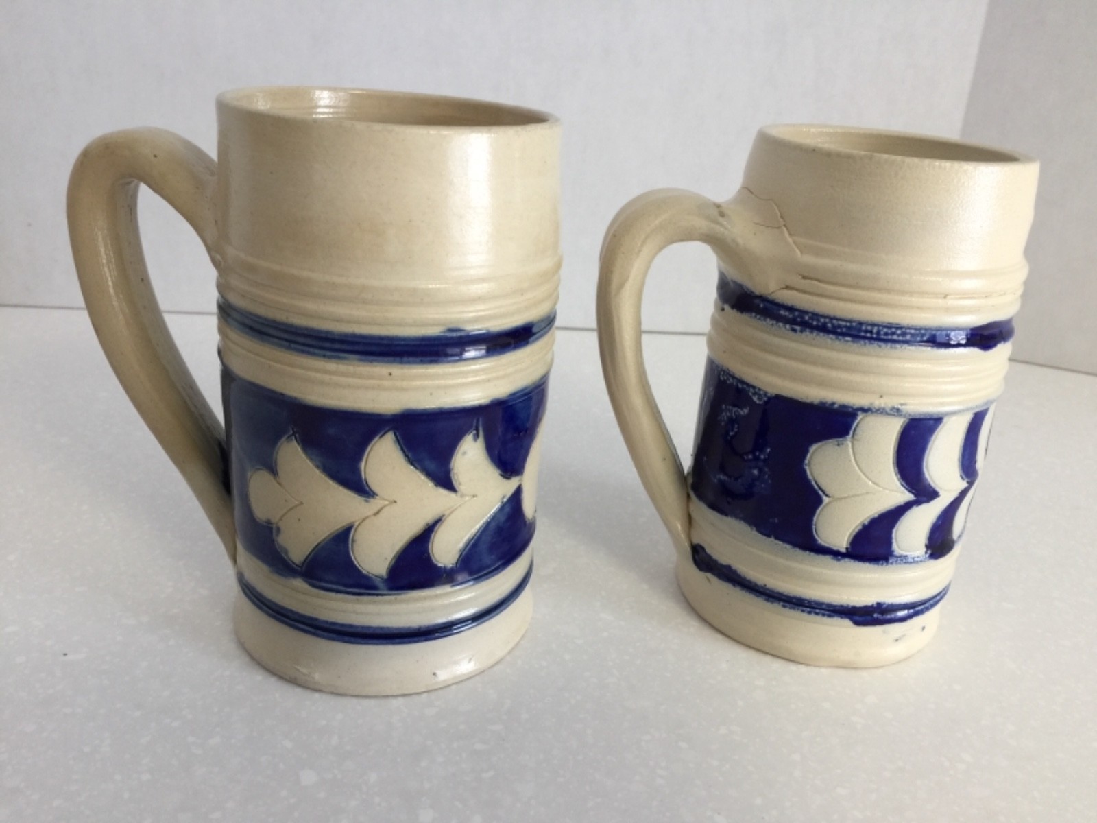 Stoneware Beer Mugs w Cobalt Blue stenciling - Set of 2 - Unmarked