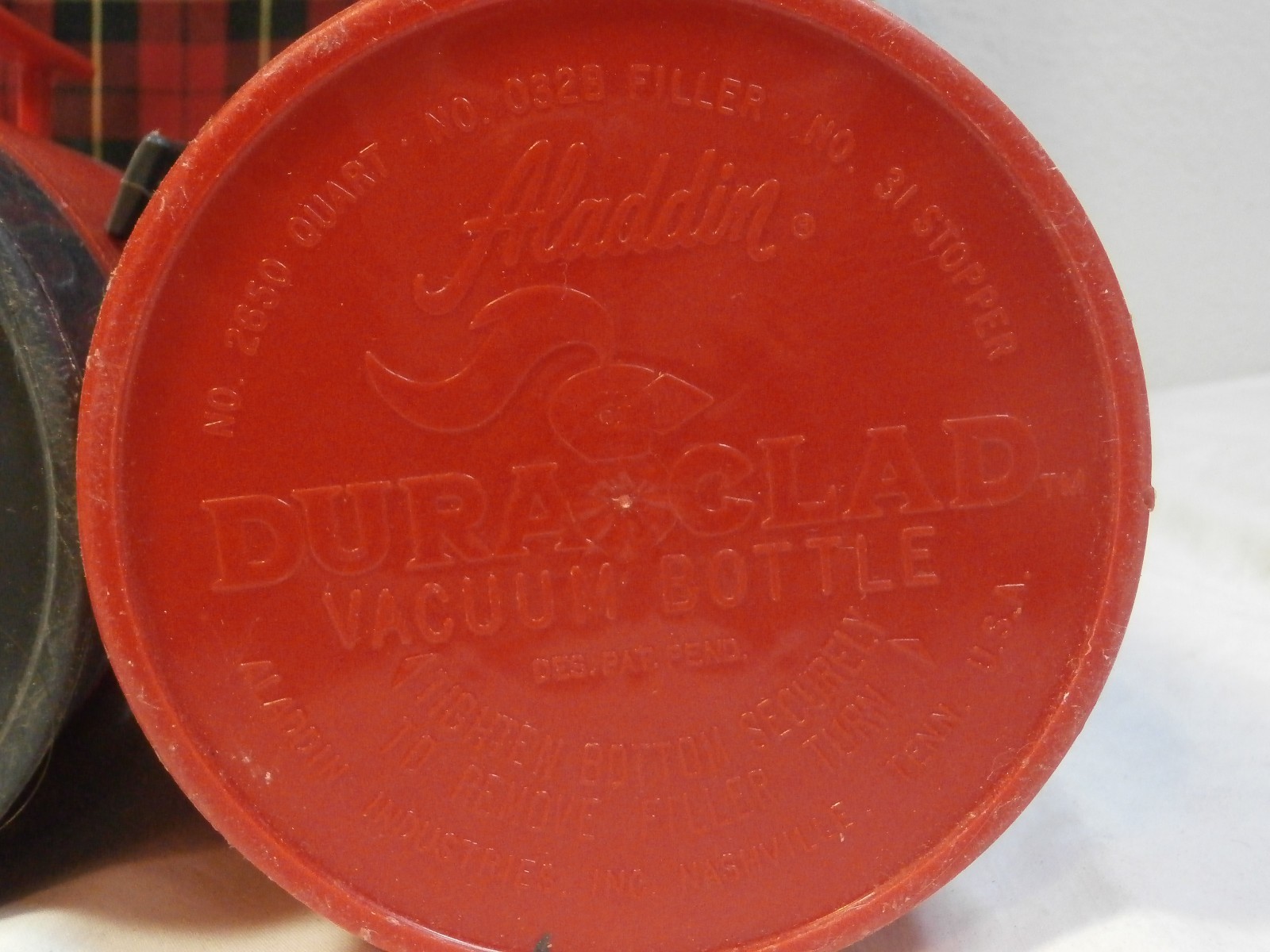 vintage aladdin red plaid 1970's picnic set sandwich box , thermos vacuum bottle