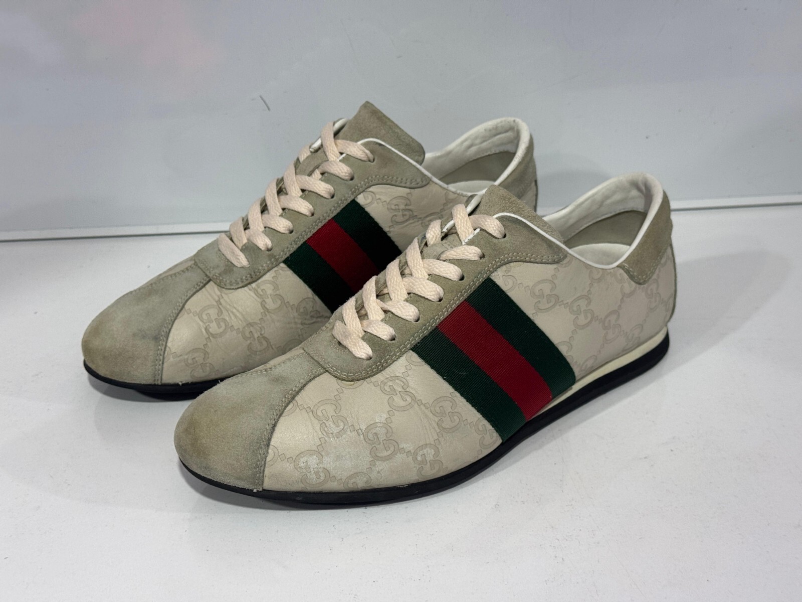 Gucci Shoes Gray Cream Leather Sneakers Web GG Monogram Sze