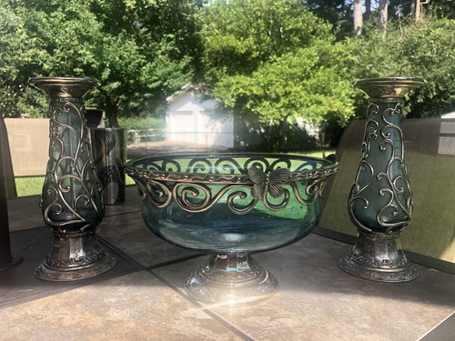 VINTAGE Blue Glass, Silverplate Trim Bowl And Candle Holder Set
