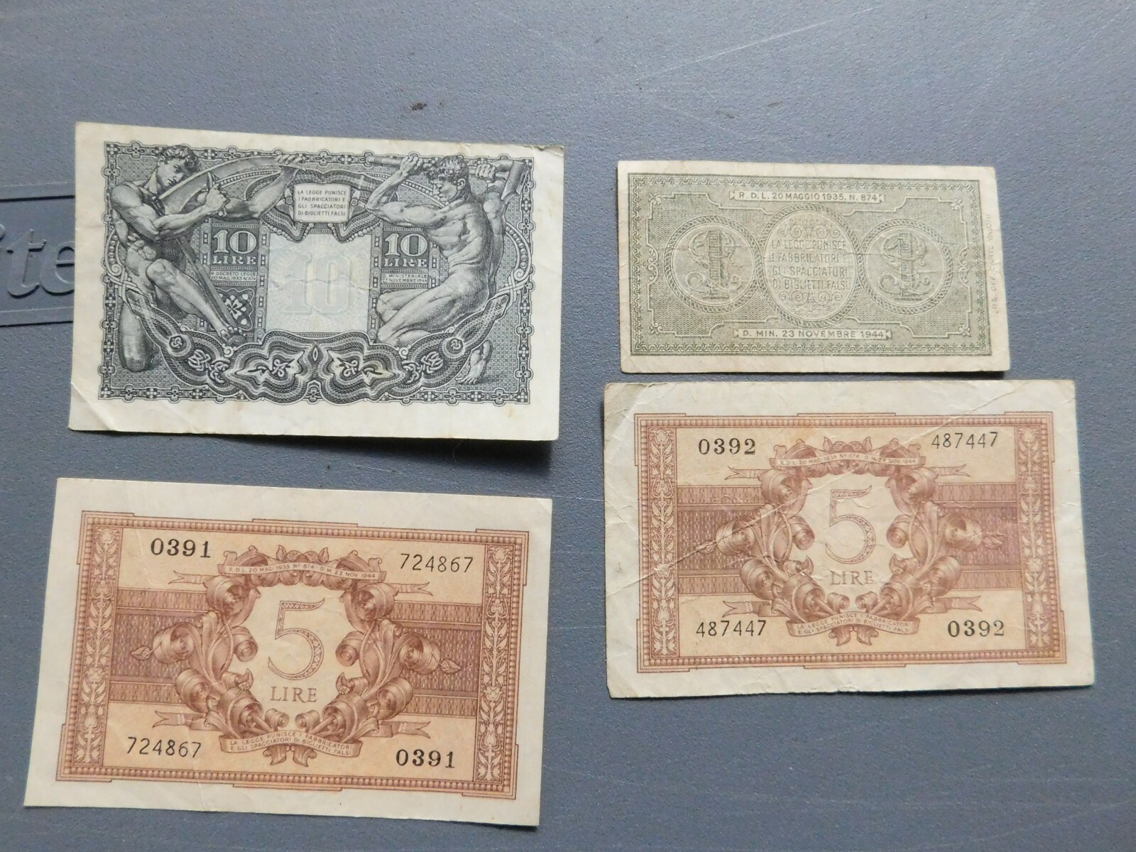 4 WWII DATED ITALIAN MONEY GREAT CONDITION 1 LIRA , 2 - 5 LIRE AND 10 LIRE