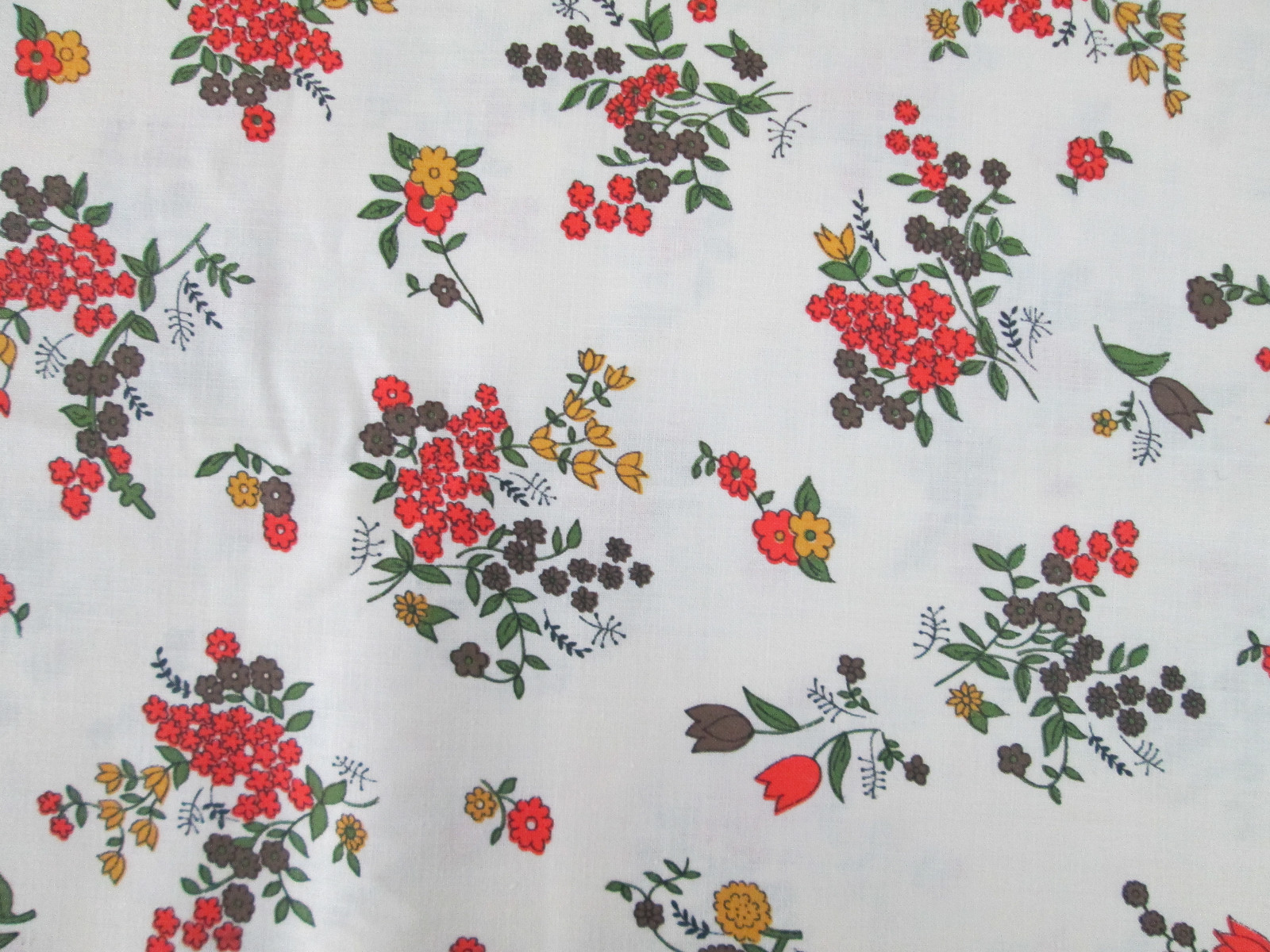 100% Cotton Fabric Vintage Brown Orange Yellow Flowers on White 3 Yards Print