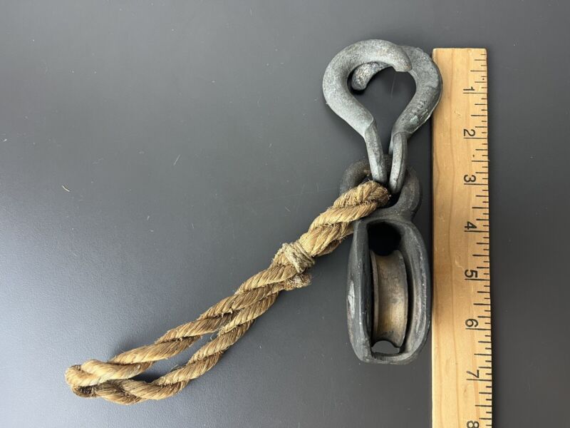 Vintage Brass Pulley w Double Steel Hooks Sailing Boats Rope Handle