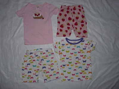 Lot of 2 Girls 4T Summer Shorts Pajamas Pink Strawberries White Butterflies