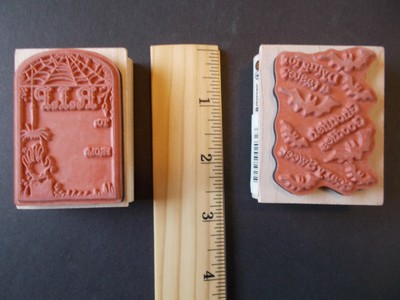 GRAVE STONE & BATS HALLOWEEN STAMPS wooden base rubber stamper cematary