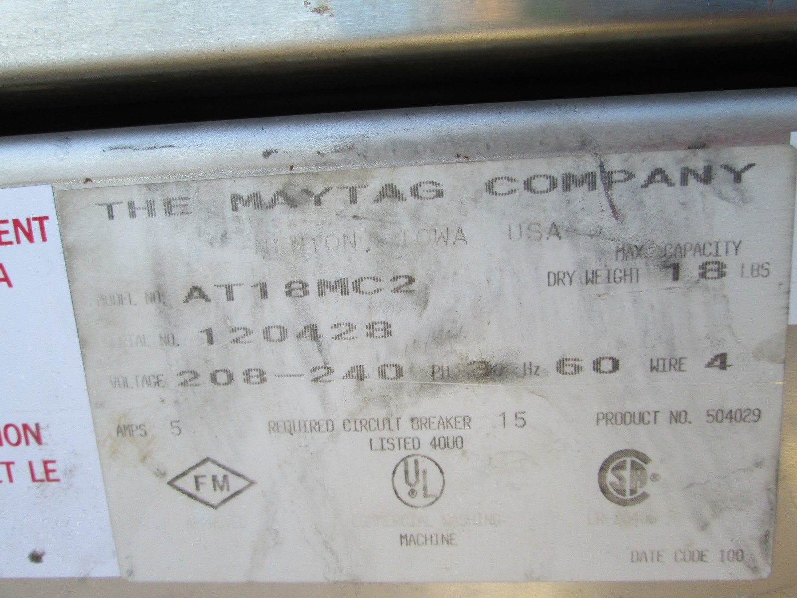 Maytag Commercial Washer, Model AT18MC2.- I Will Part OUt