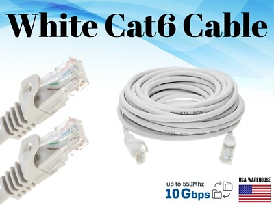 Cat6 Ethernet Patch White Cable 1.5 3 5 7 10 15 20 25 30 50 75 100 200 LAN Lot