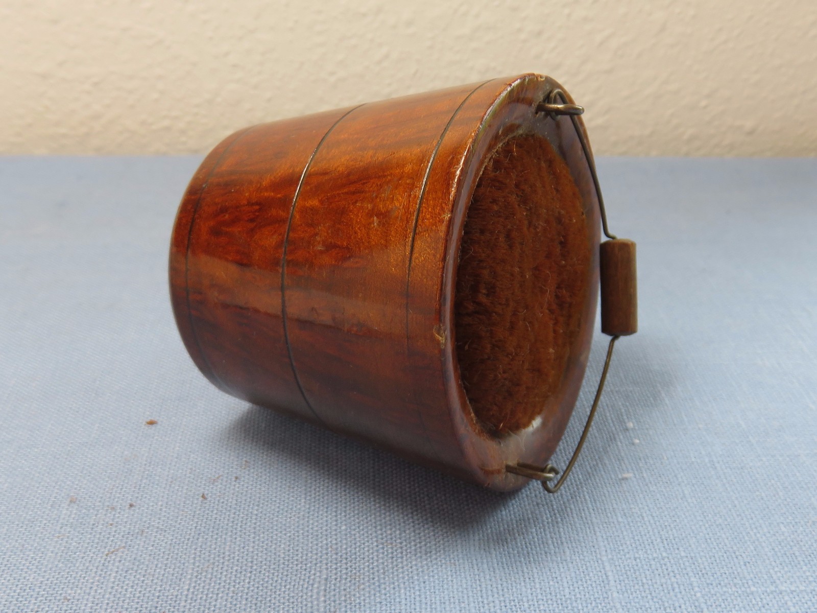 Antique Treen Sewing Velvet Pin Cushion in Wooden Bucket Marked Waers