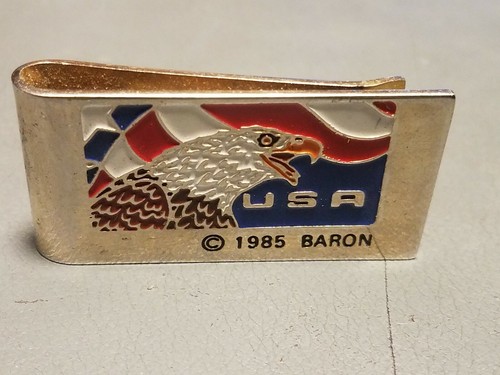 Vintage American Eagle 1985 baron money clip silver toned enameled USA