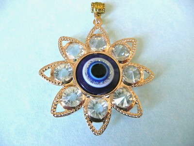 GOLDEN LUCKY PROTECTIVE TRADITIONAL BLUE ROUND DESIGN EVIL EYE 8 CRYSTAL PENDANT
