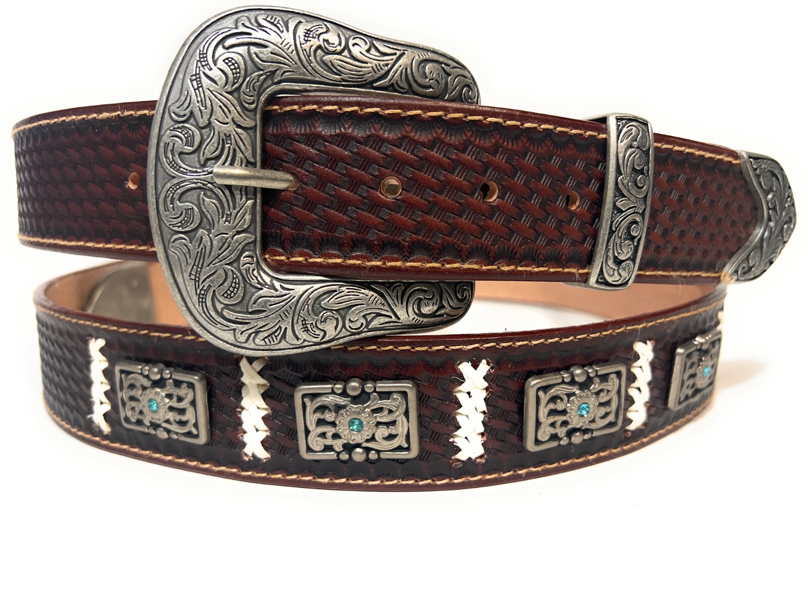 MEN'S BROWN WESTERN LEATHER BELT CONCHO RHINESTONE COWBOY BELT, CINTO VAQUERO