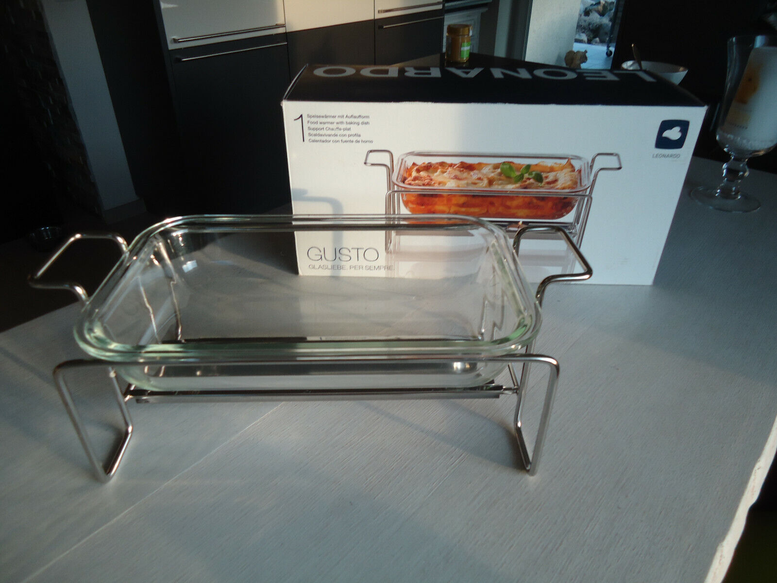 chaving dish Speisewärmer mit Auflaufform aus Glas Leonardo