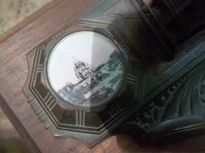 Old Notre Dame Desk Set for Inkwells?  has Walnut Base Paris Scenes