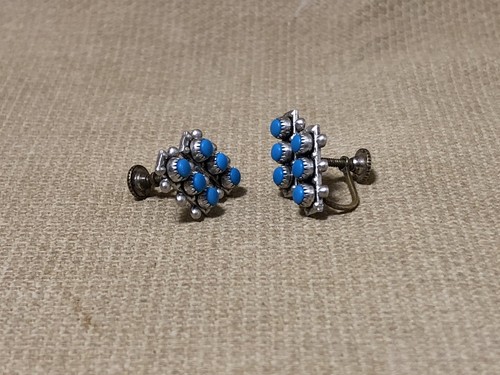 Vintage Sterling Silver and Turquoise Early Zuni Type Design Screw Back Earrings