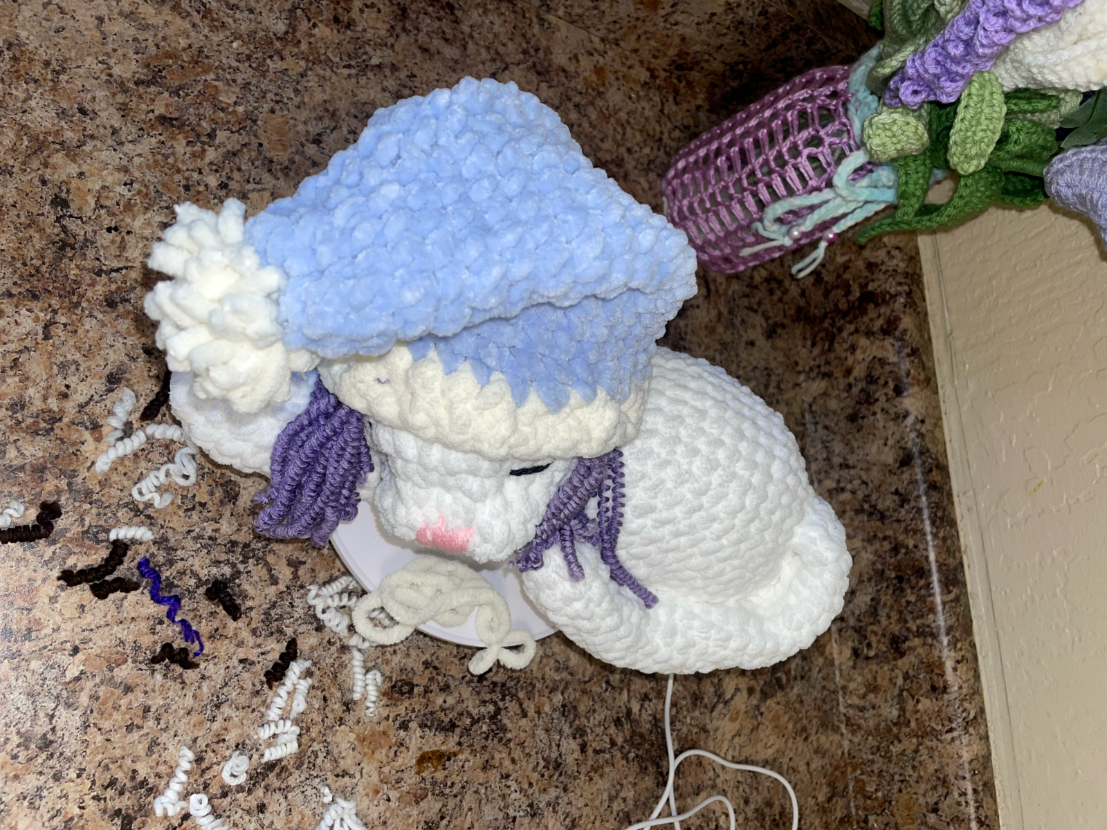 Crochet Cute Cat Amigurumi Curly Hair Sleeping Cat Stuffed Animal Sister Gift