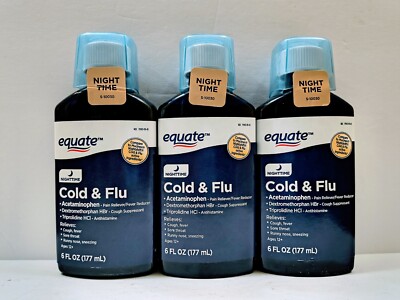 Equate Nighttime Cold & Flu Relief Ages 12+ 3PK x 6oz Exp 01/2026