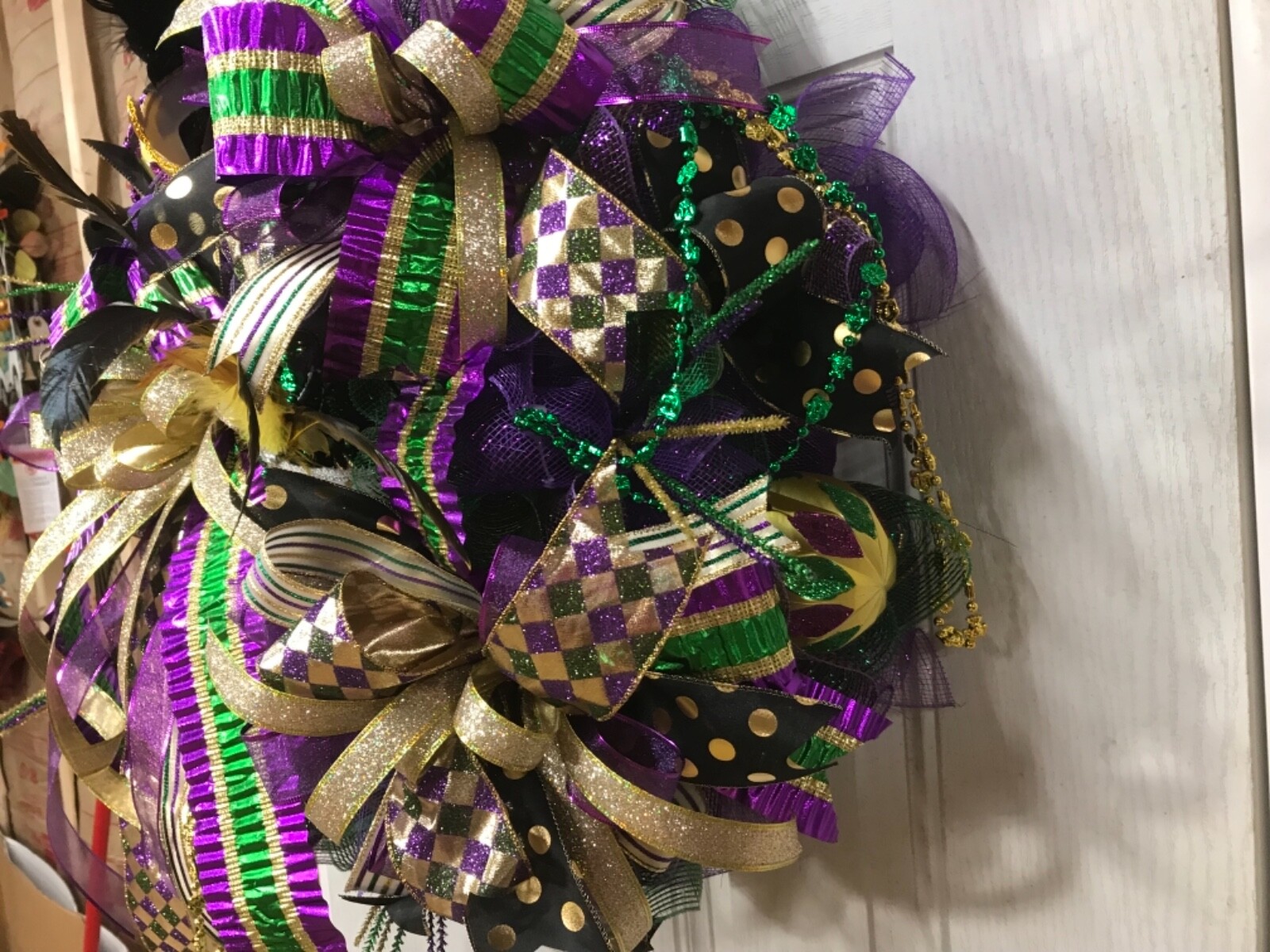 Mardi Gras wreath, Deco Mesh, green, purple, gold, feathered mask Ribbons, Beads