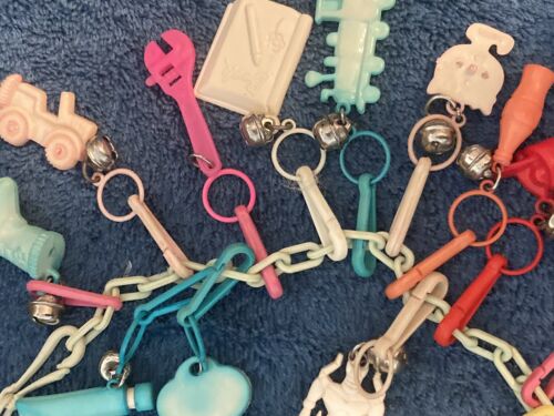 Vintage 1980s Plastic Clip On  Bell Charm  Necklace,  42 Charms Some Rare