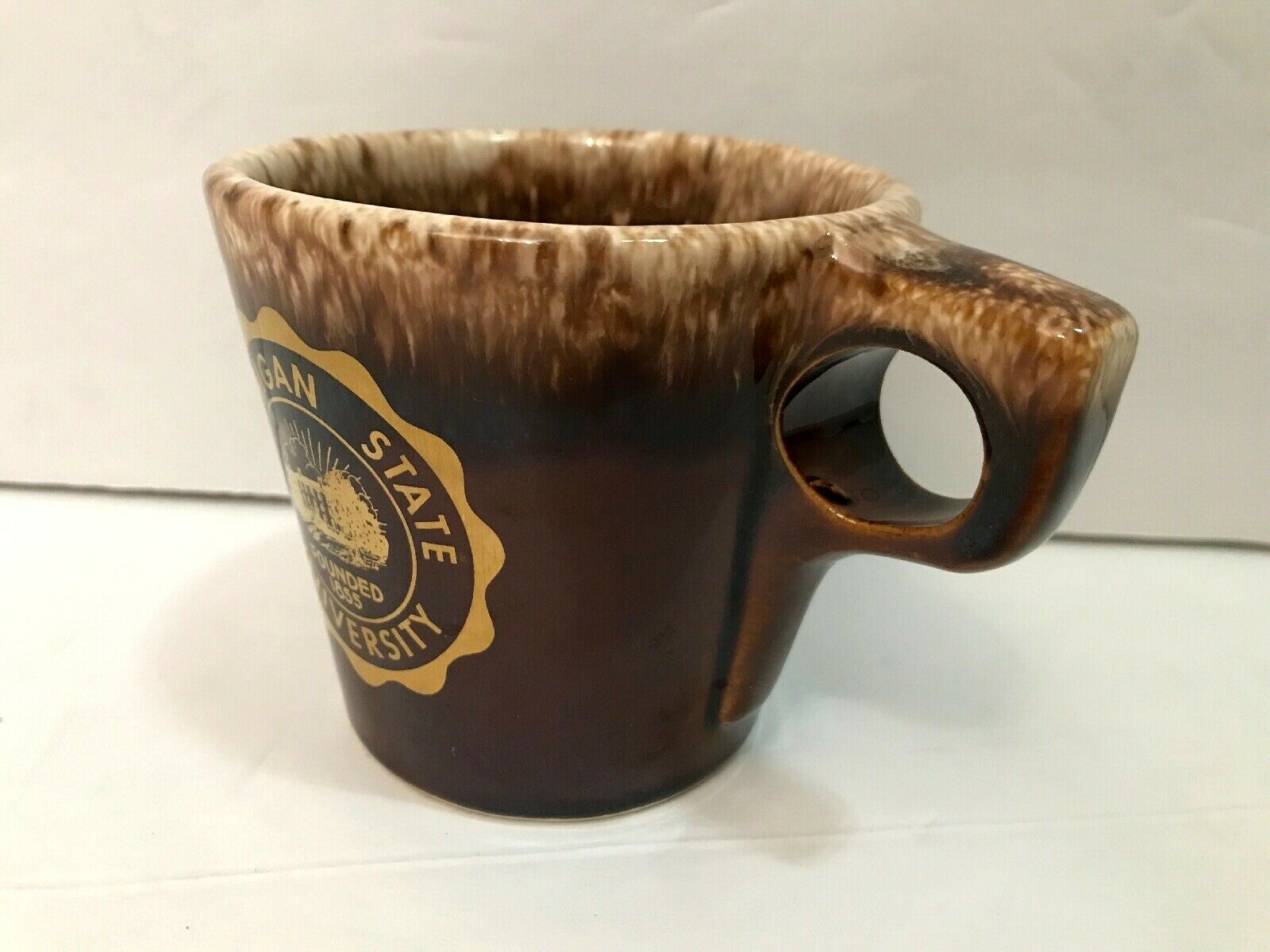 Vintage Hull Michigan State University Brown Drip Coffee Cup MI Mich College Mug