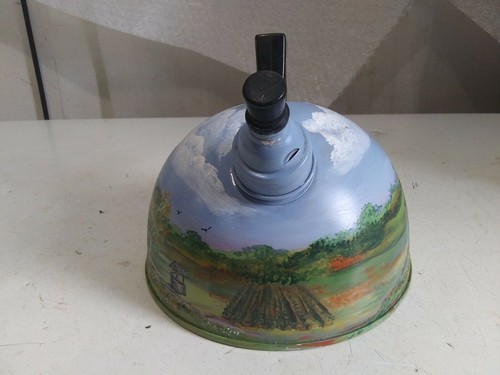 VNTG Tea Kettle Painted W/ Log Cabin Privy Well Garden Clouds Birds Forest Scene