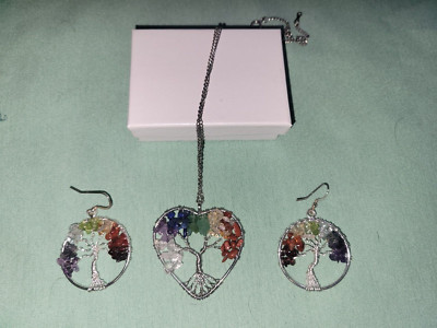 New 7 Chakra Tree of Life Earrings Dangle Silver Hoop  & PENDENT SET