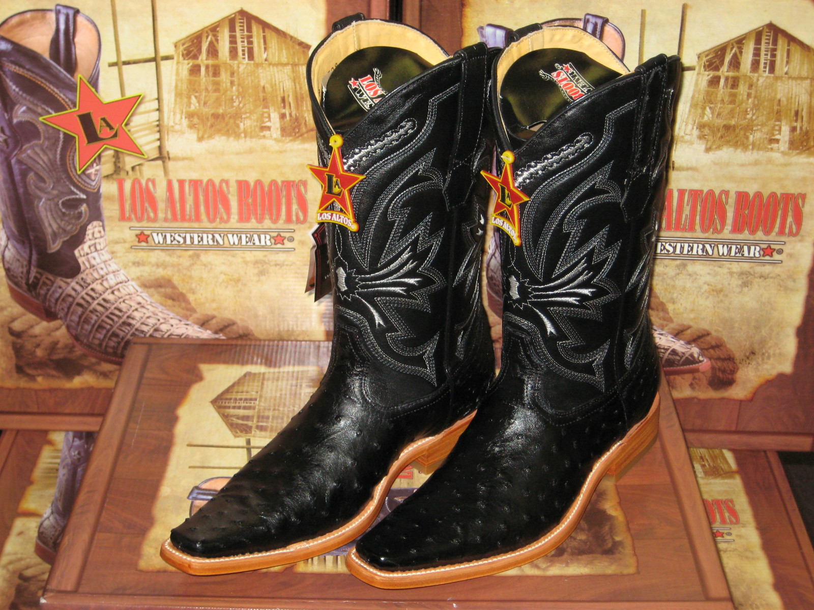 Pre-owned Los Altos Boots Los Altos Black Genuine Full Quill Ostrich Western Versage Square Toe Boot D