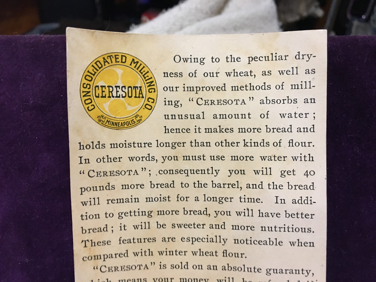 Trade Card Consolidated milling company Minneapolis Minn Ceresota 11500 Barrels