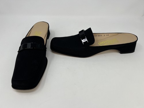 Vintage Salvatore Ferragamo Black Fabric Mules Low Heel Size