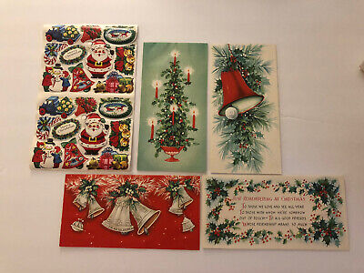 Vintage Christmas card LOT Unused Candle Lit Tree Bells Full Sheets Decals CUTE!